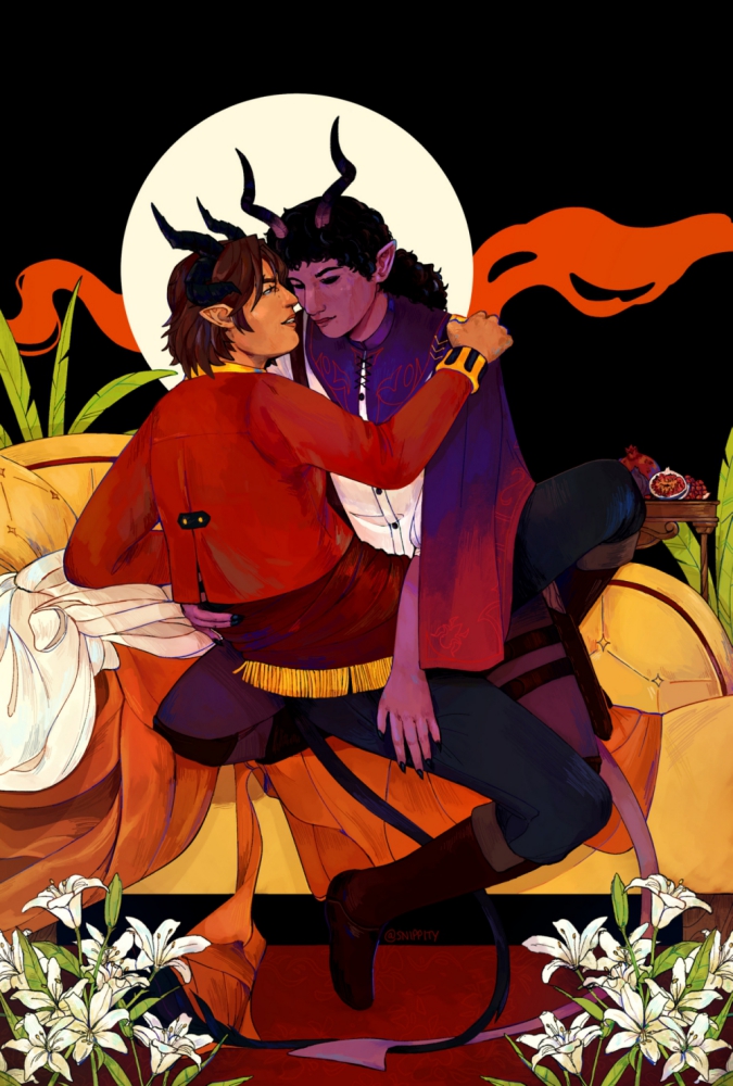 Illustration of two male tieflings embracing on a chaise lounge